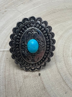 Western Concho and Faux Turquoise Stretch Ring - Statement Size - Cowhide and Conchos