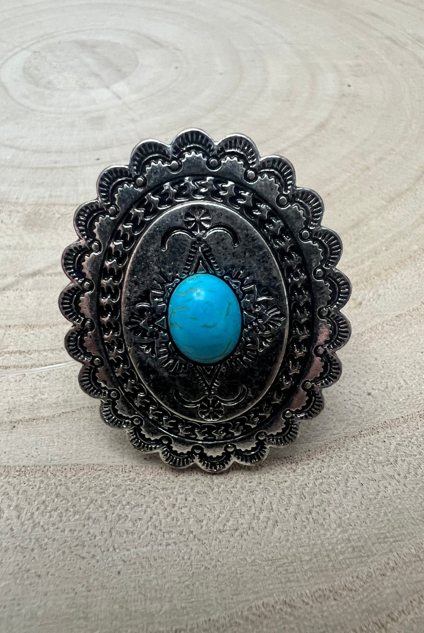 Western Concho and Faux Turquoise Stretch Ring - Statement Size - Cowhide and Conchos