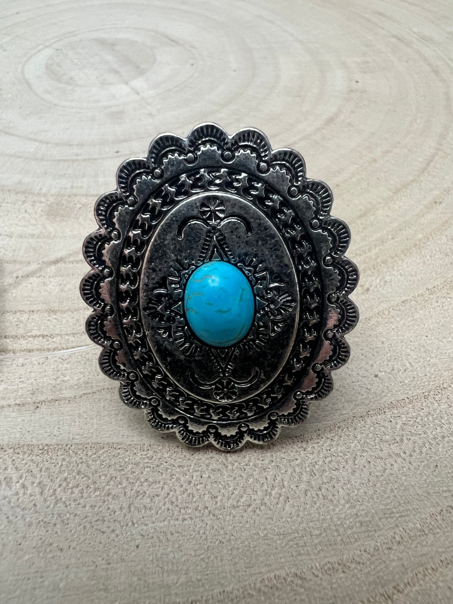 Western Concho and Faux Turquoise Stretch Ring - Statement Size - Cowhide and Conchos