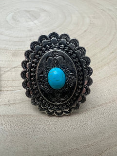 Western Concho and Faux Turquoise Stretch Ring - Statement Size - Cowhide and Conchos