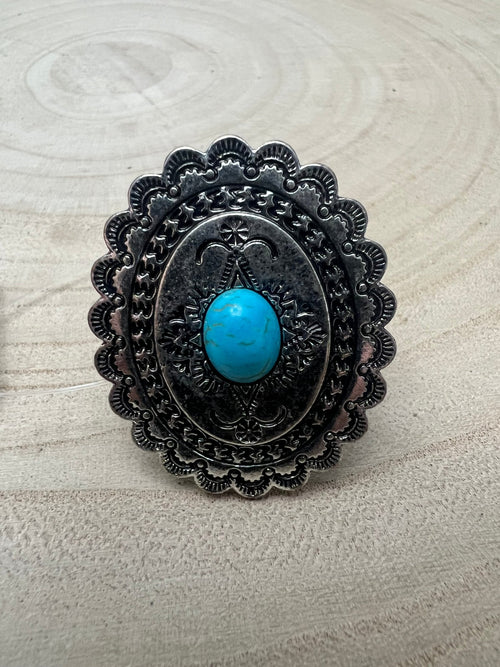 Western Concho and Faux Turquoise Stretch Ring - Statement Size - Cowhide and Conchos