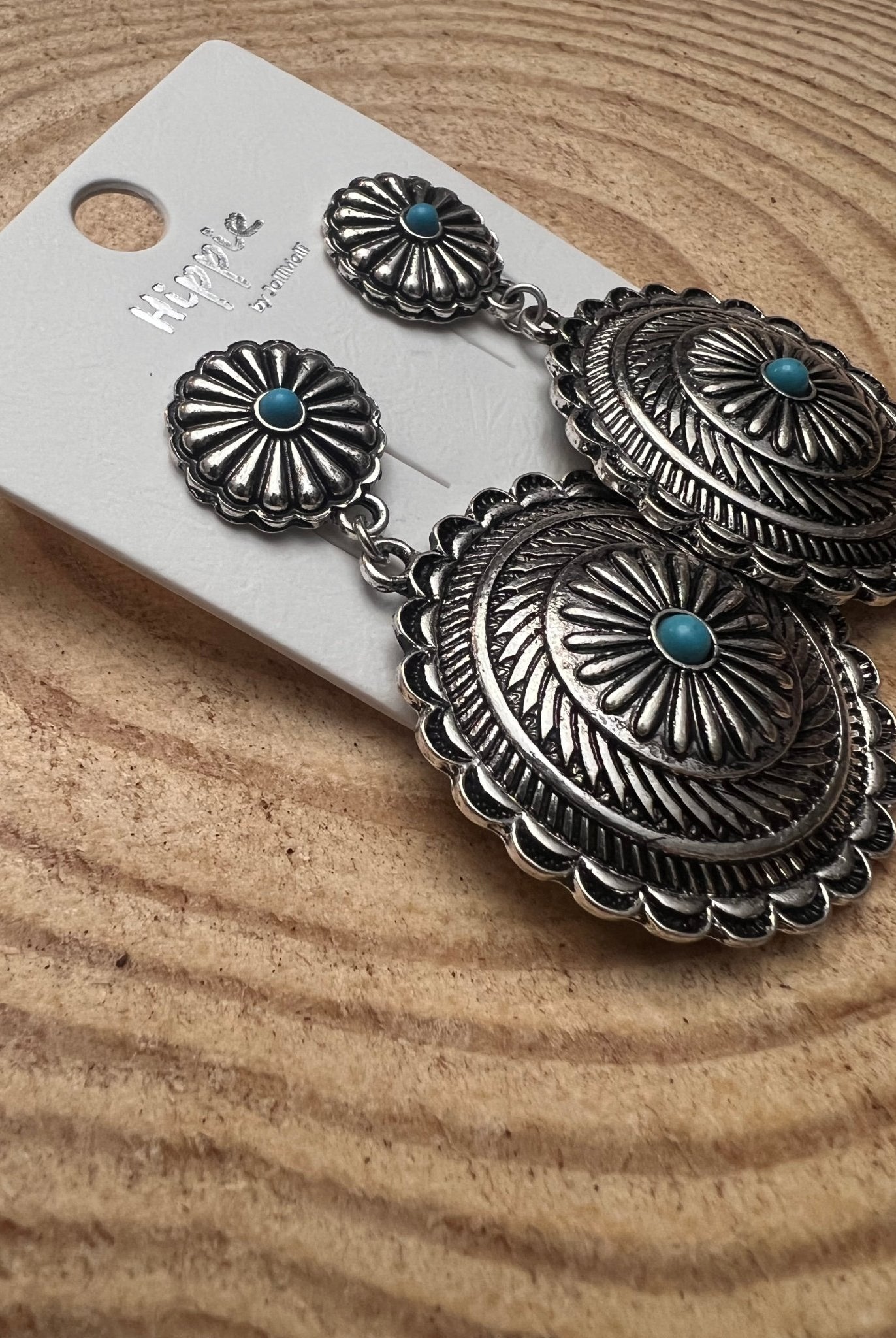 Western Concho Dangle Earrings with Faux Turquoise - Cowhide and Conchos