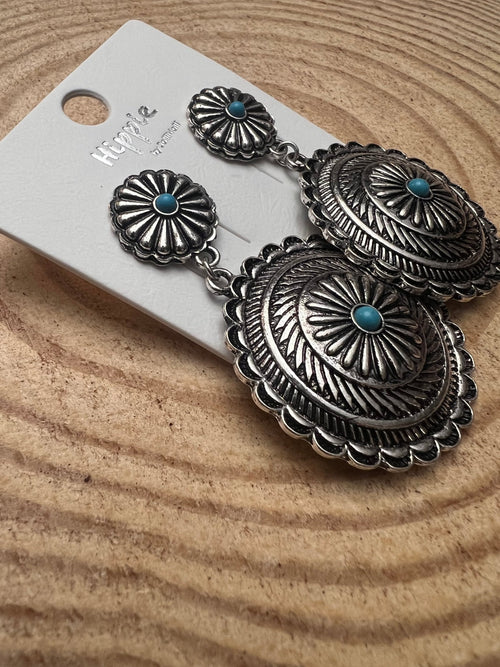 Western Concho Dangle Earrings with Faux Turquoise - Cowhide and Conchos