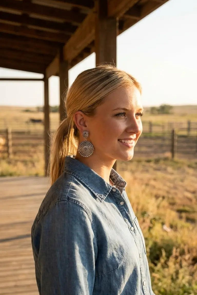 Western Concho Dangle Earrings with Faux Turquoise — 2½" Drop - Cowhide and Conchos