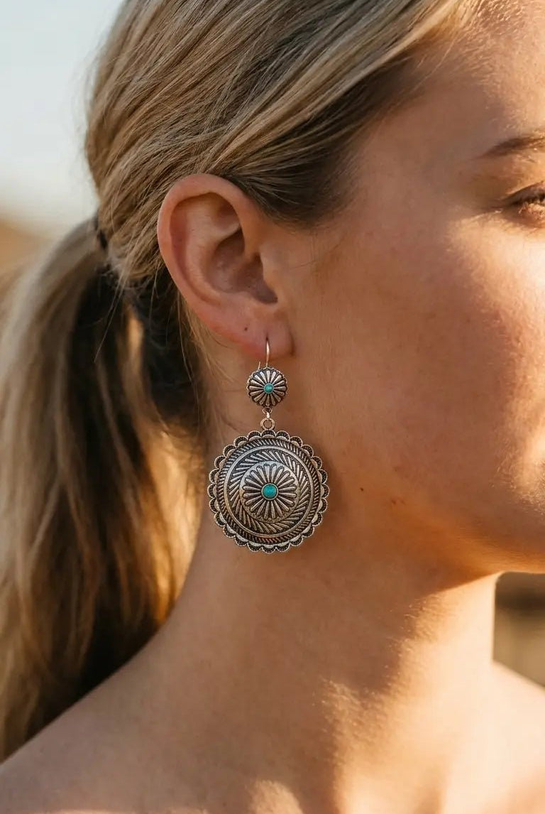 Western Concho Dangle Earrings with Faux Turquoise — 2½" Drop - Cowhide and Conchos