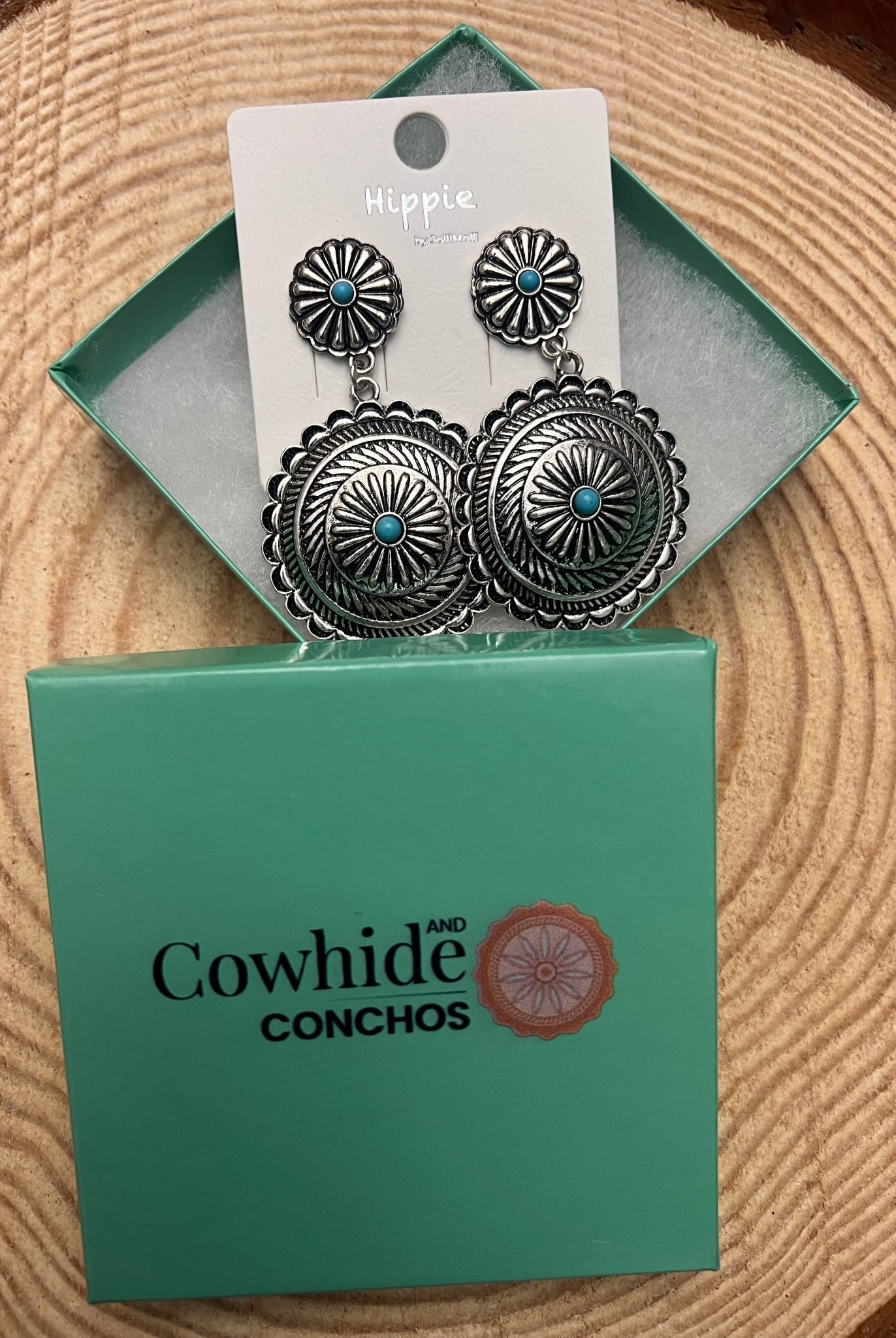Western Concho Dangle Earrings with Faux Turquoise - Cowhide and Conchos