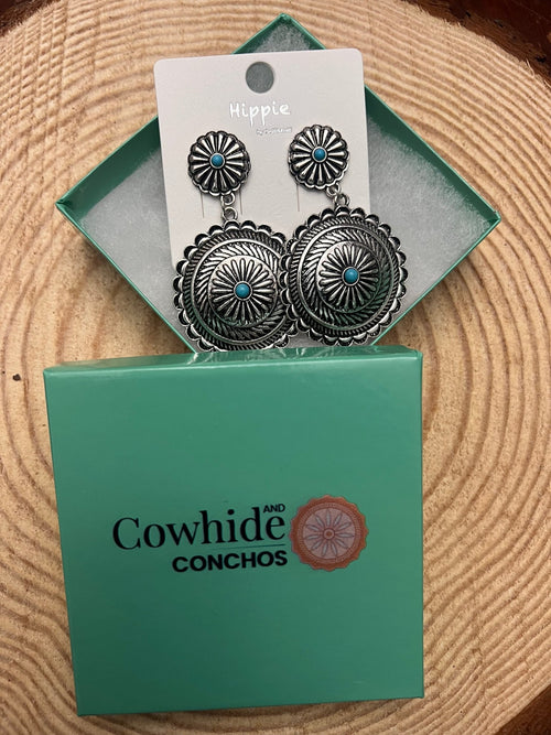 Western Concho Dangle Earrings with Faux Turquoise - Cowhide and Conchos