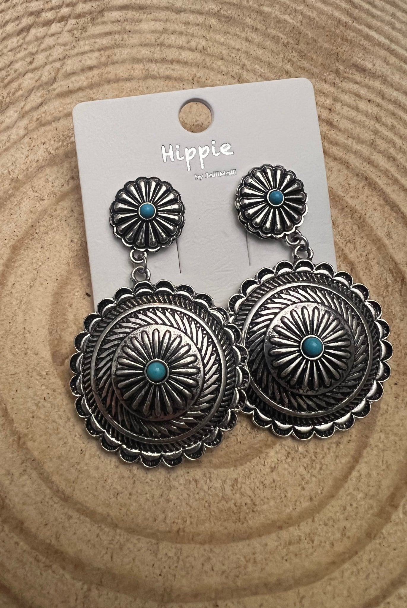 Western Concho Dangle Earrings with Faux Turquoise - Cowhide and Conchos