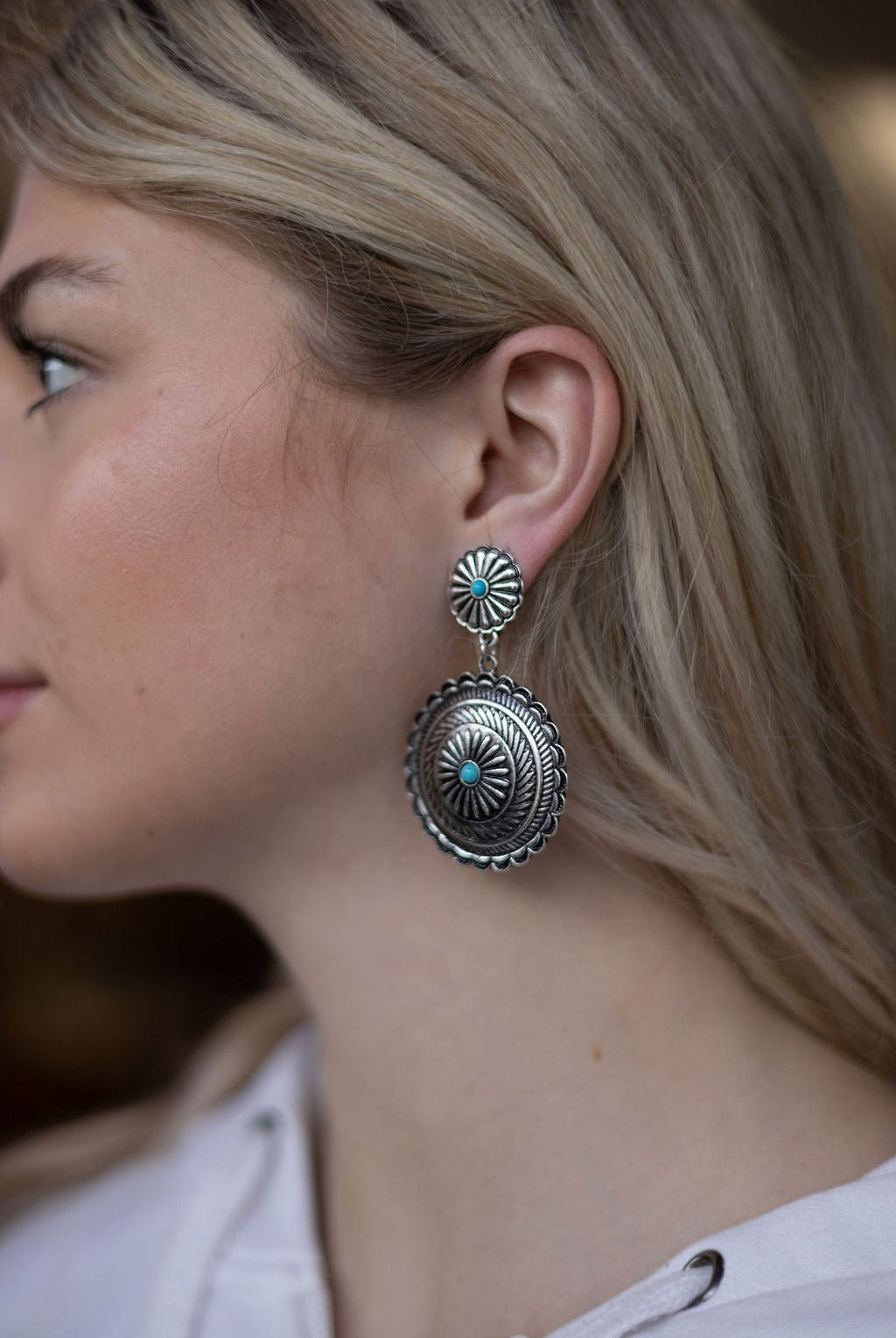 Western Concho Dangle Earrings with Faux Turquoise - Cowhide and Conchos