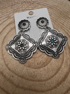 Western Concho Dangle Earrings with multi color stones - 2 1/2 inch drop - Cowhide and Conchos