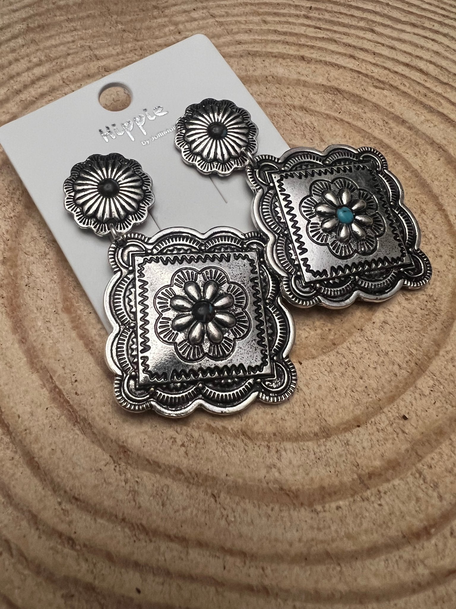Western Concho Dangle Earrings with multi color stones - 2 1/2 inch drop - Cowhide and Conchos