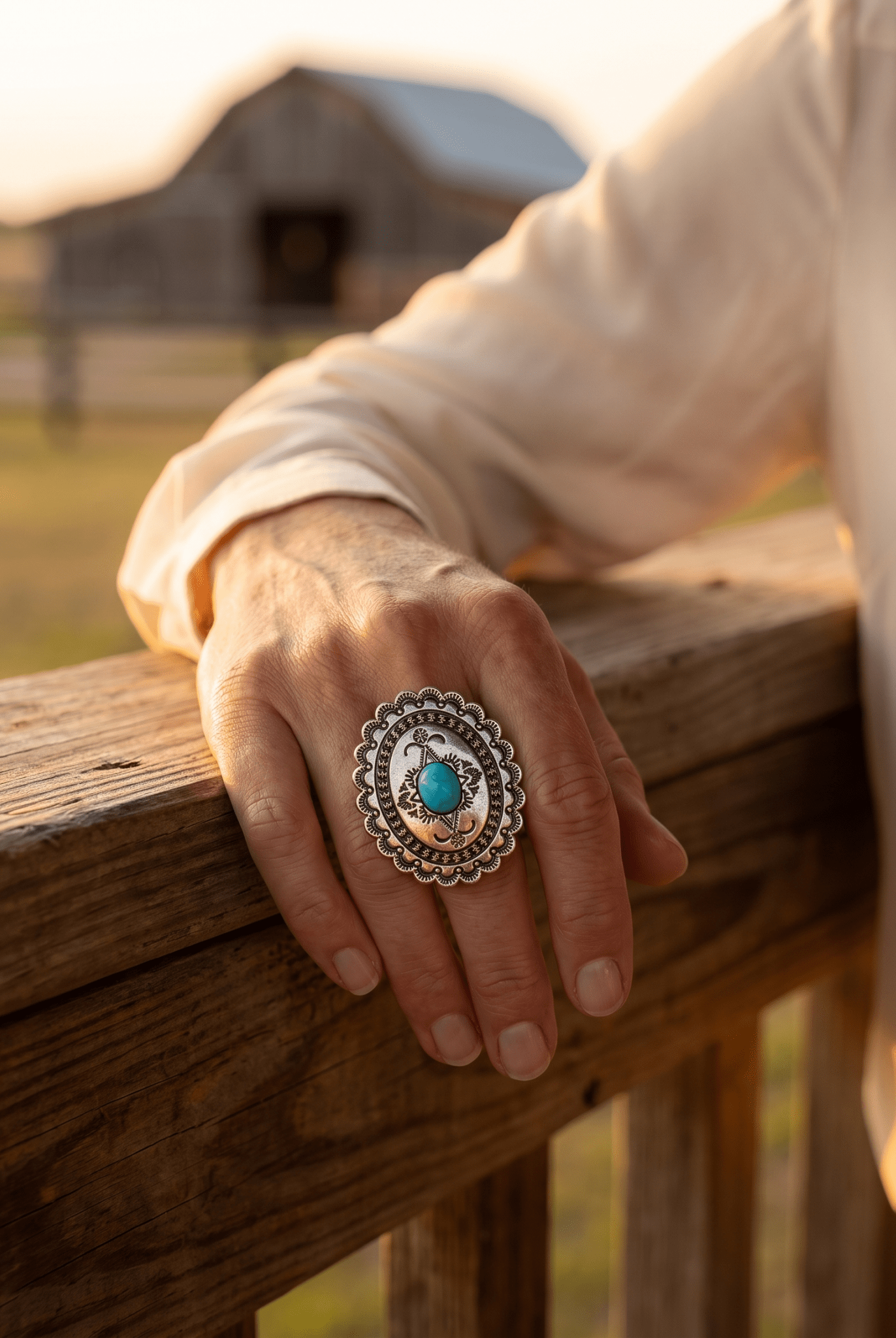 Western Concho & Faux Turquoise Stretch Statement Ring — 1.5" Bold Western Hand Statement - Cowhide and Conchos