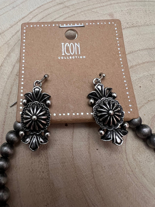 Western Concho Squash Blossom Necklace & Earring Set - 24 inch + 3 - Cowhide and Conchos