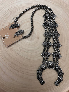 Western Concho Squash Blossom Necklace & Earring Set - 24 inch + 3 - Cowhide and Conchos