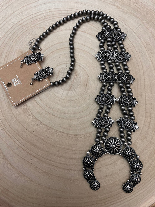 Western Concho Squash Blossom Necklace & Earring Set - 24 inch + 3 - Cowhide and Conchos
