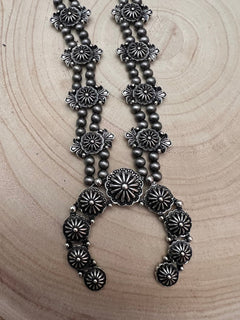 Western Concho Squash Blossom Necklace & Earring Set - 24 inch + 3 - Cowhide and Conchos