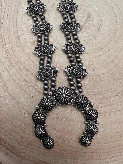 Western Concho Squash Blossom Necklace & Earring Set - 24 inch + 3 - Cowhide and Conchos