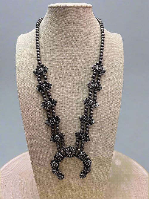 Western Concho Squash Blossom Necklace & Earring Set - 24 inch + 3 - Cowhide and Conchos