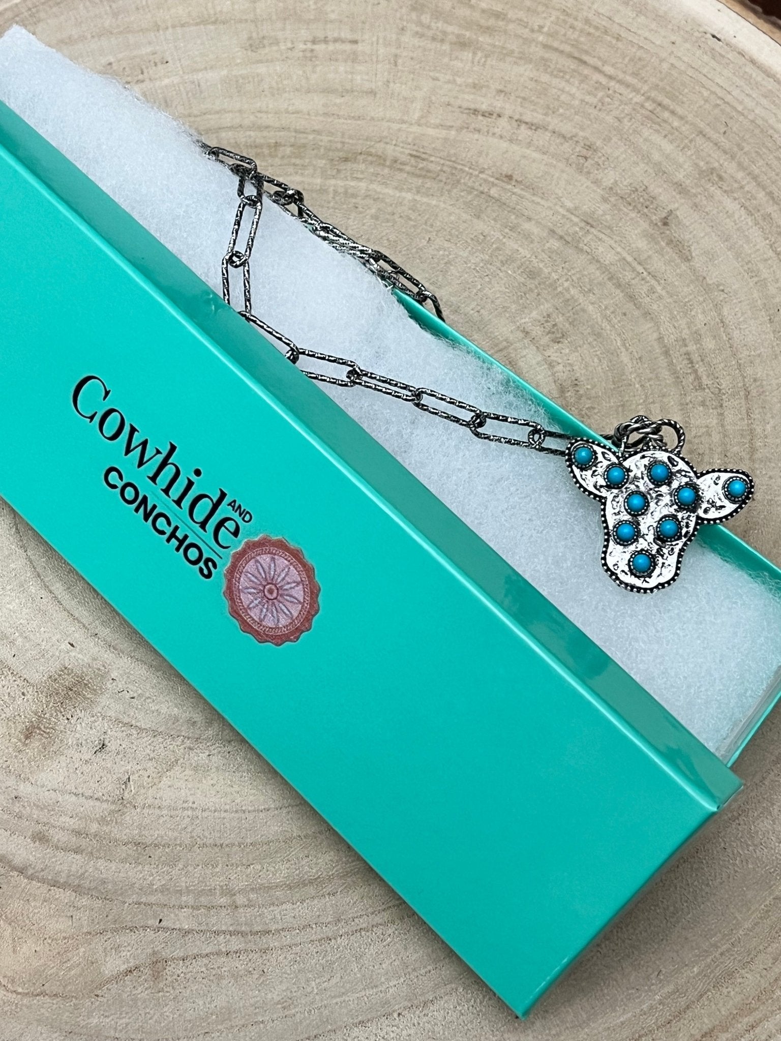 Western Cow Head Necklace with Faux Turquoise - 18 inch - Cowhide and Conchos