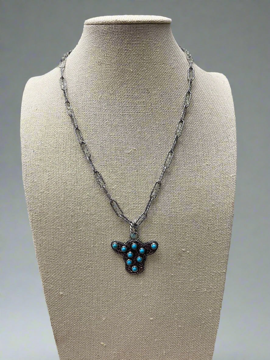 Western Cow Head Necklace with Faux Turquoise - 18 inch - Cowhide and Conchos