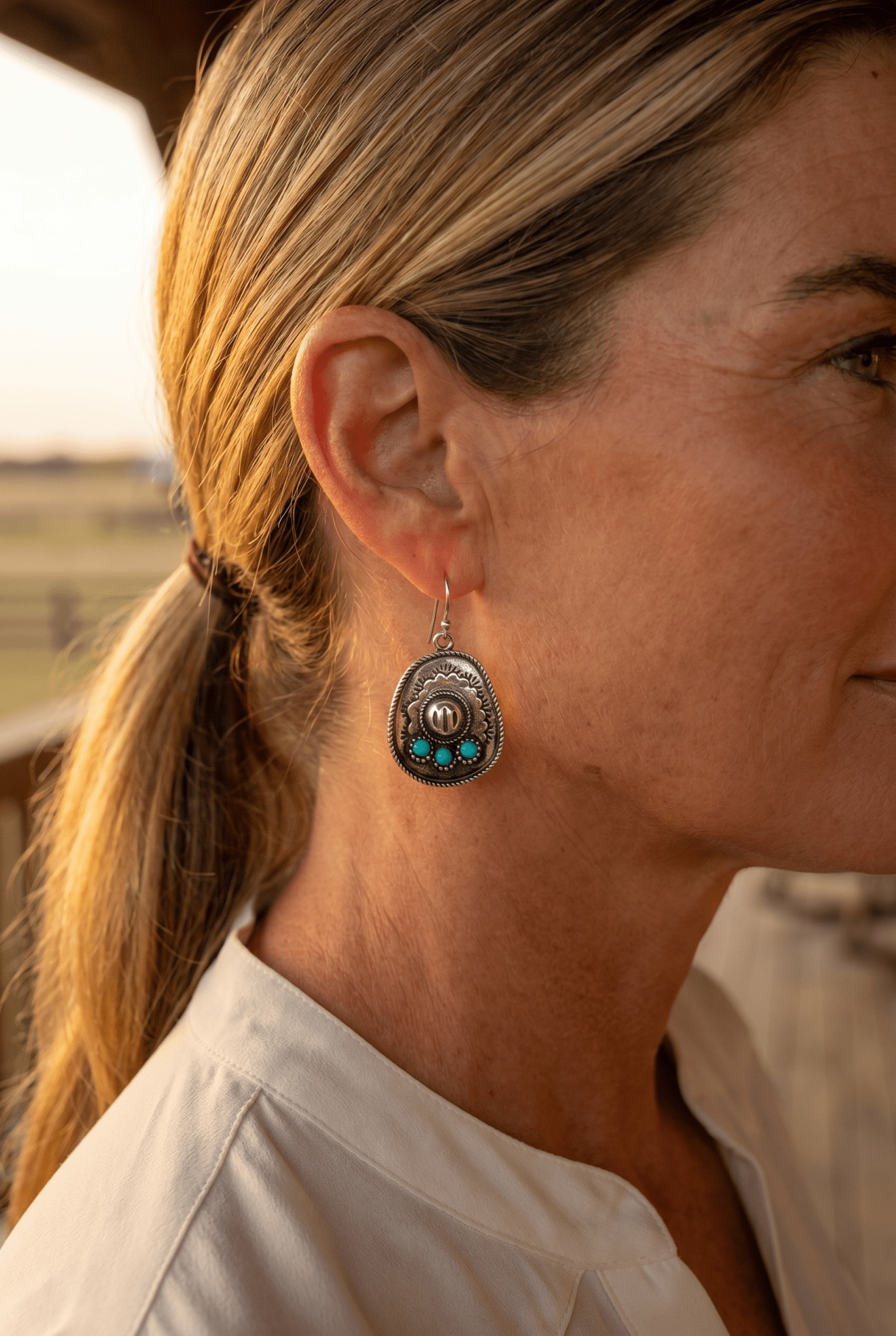 Western Cowboy Hat Dangle Earrings with Faux Turquoise — Oxidized Silver 1" Drop - Cowhide and Conchos