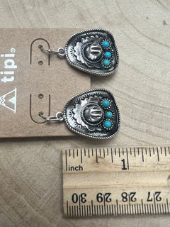 Western Cowboy Hat Earrings with Faux Turquoise - Cowhide and Conchos