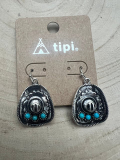 Western Cowboy Hat Earrings with Faux Turquoise - Cowhide and Conchos