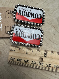 Western Cowboy Killer Rectangle Earrings - Cowhide and Conchos