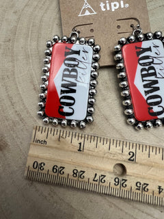 Western Cowboy Killer Rectangle Earrings - Cowhide and Conchos