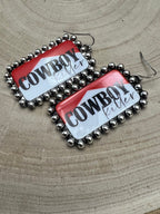 Western Cowboy Killer Rectangle Earrings - Cowhide and Conchos