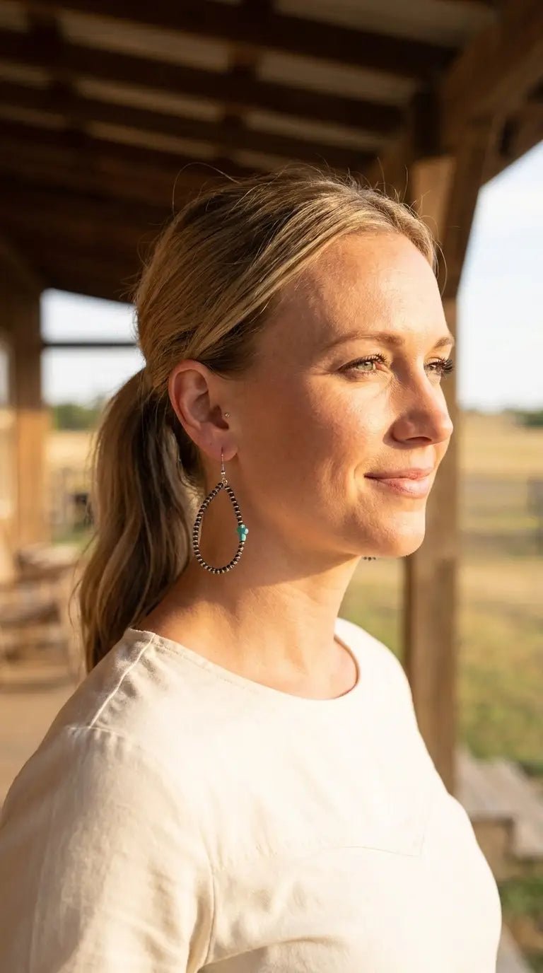 Western Cross Earrings with Faux Turquoise & Pearl Teardrops — 2½" Drop - Cowhide and Conchos
