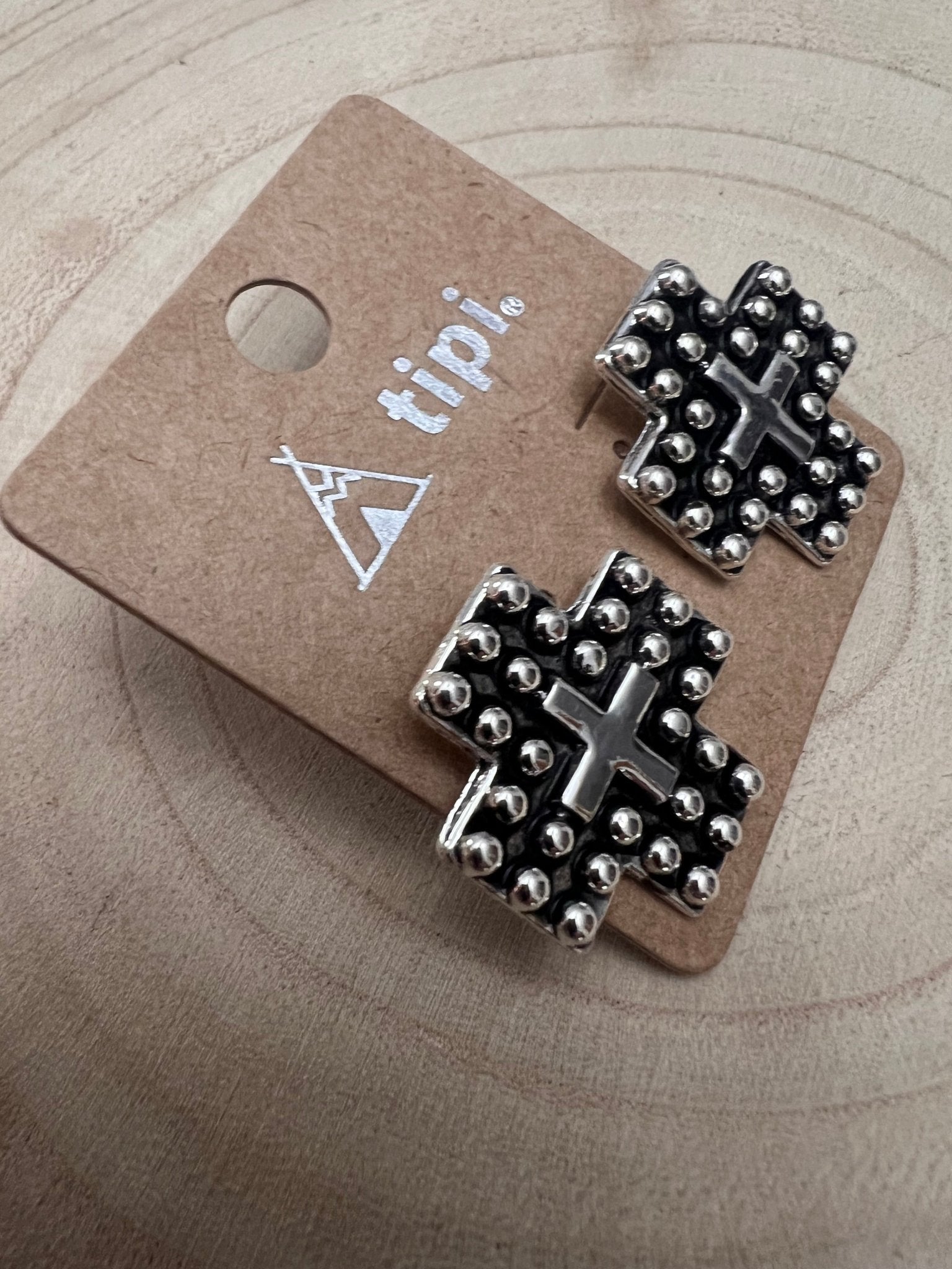 Western Cross Metal Stud Earrings - Cowhide and Conchos
