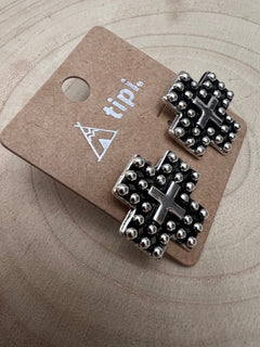 Western Cross Metal Stud Earrings - Cowhide and Conchos