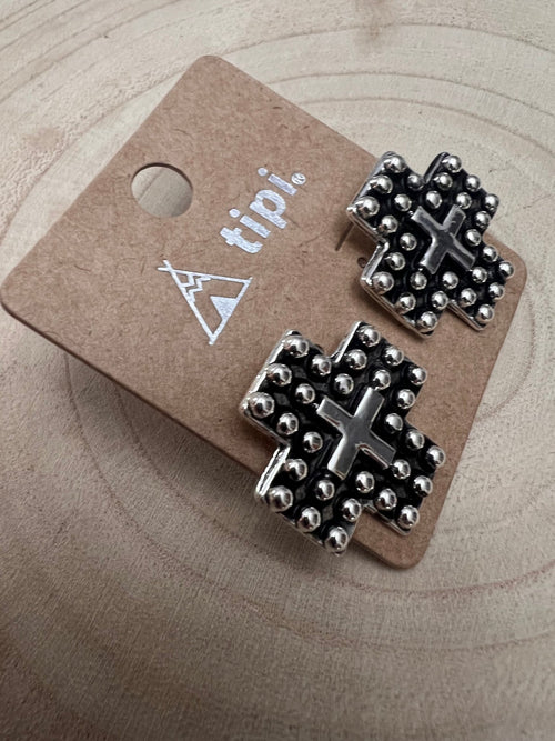 Western Cross Metal Stud Earrings - Cowhide and Conchos
