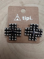 Western Cross Metal Stud Earrings - Cowhide and Conchos