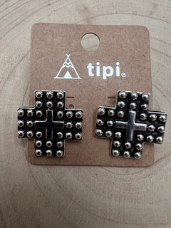 Western Cross Metal Stud Earrings - Cowhide and Conchos