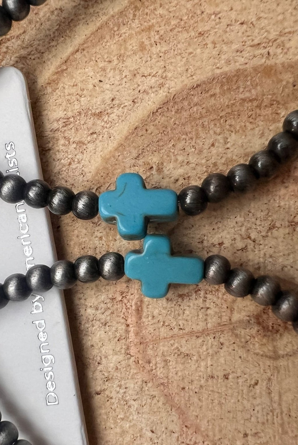 Western Cross with Faux Turquoise Metal Pearl Teardrop Earrings - 2 1/2 inch drop - Cowhide and Conchos