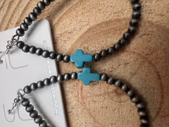 Western Cross with Faux Turquoise Metal Pearl Teardrop Earrings - 2 1/2 inch drop - Cowhide and Conchos