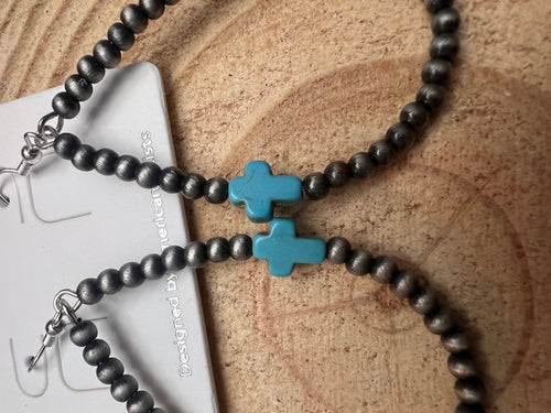 Western Cross with Faux Turquoise Metal Pearl Teardrop Earrings - 2 1/2 inch drop - Cowhide and Conchos