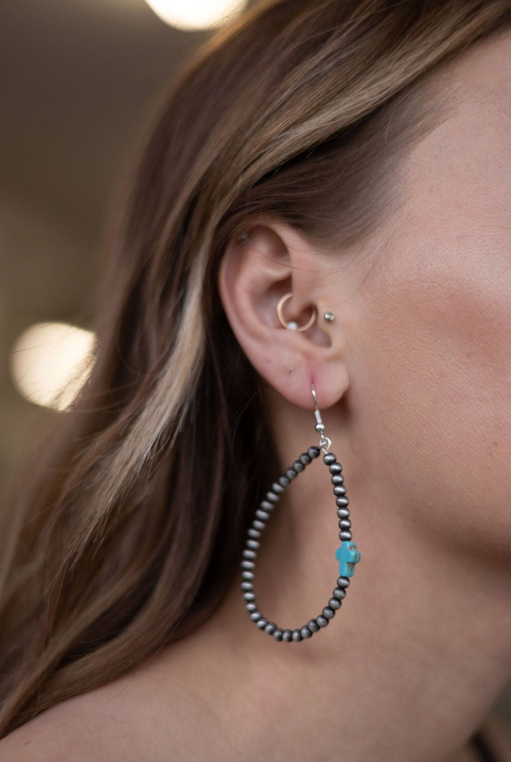 Western Cross with Faux Turquoise Metal Pearl Teardrop Earrings - 2 1/2 inch drop - Cowhide and Conchos