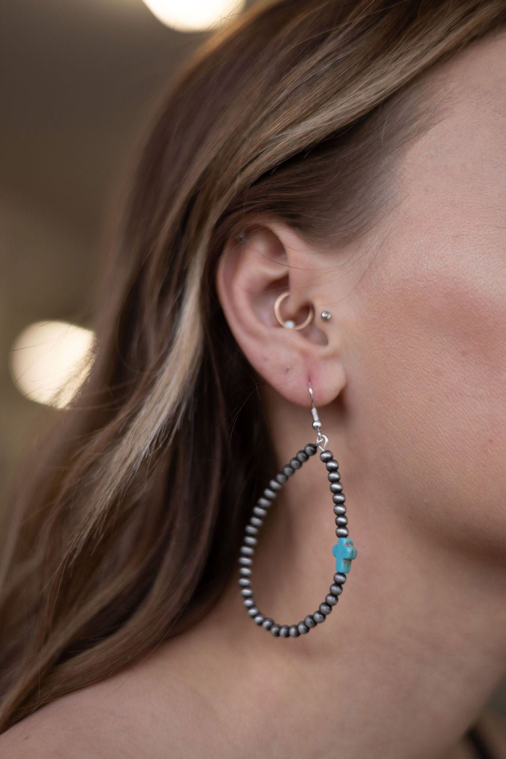 Western Cross with Faux Turquoise Metal Pearl Teardrop Earrings - 2 1/2 inch drop - Cowhide and Conchos