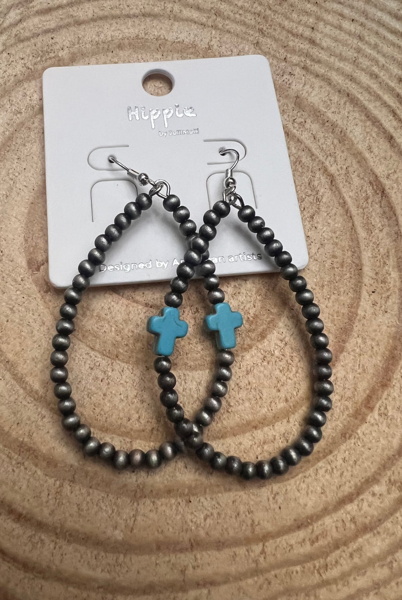 Western Cross with Faux Turquoise Metal Pearl Teardrop Earrings - 2 1/2 inch drop - Cowhide and Conchos
