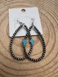 Western Cross with Faux Turquoise Metal Pearl Teardrop Earrings - 2 1/2 inch drop - Cowhide and Conchos
