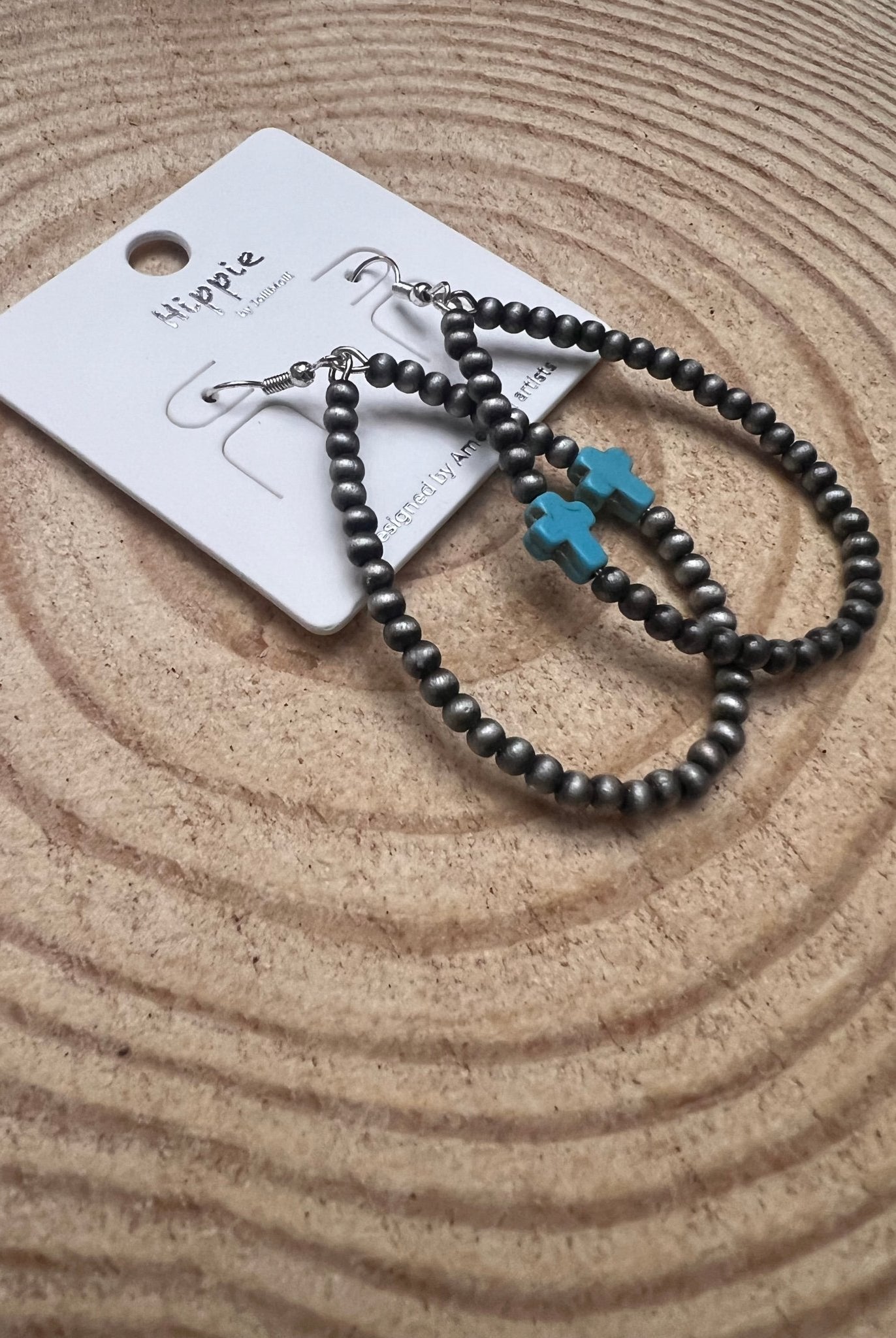 Western Cross with Faux Turquoise Metal Pearl Teardrop Earrings - 2 1/2 inch drop - Cowhide and Conchos