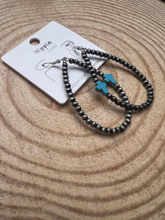 Western Cross with Faux Turquoise Metal Pearl Teardrop Earrings - 2 1/2 inch drop - Cowhide and Conchos