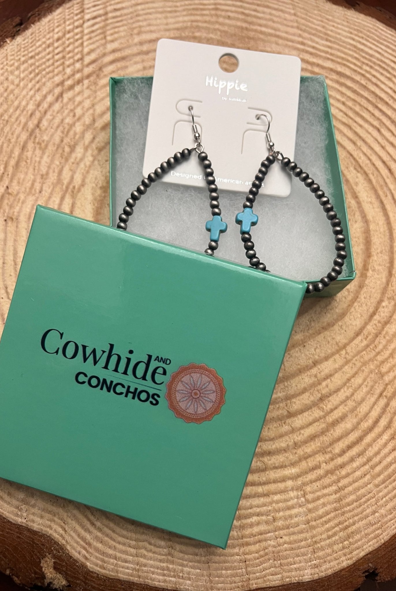 Western Cross with Faux Turquoise Metal Pearl Teardrop Earrings - 2 1/2 inch drop - Cowhide and Conchos