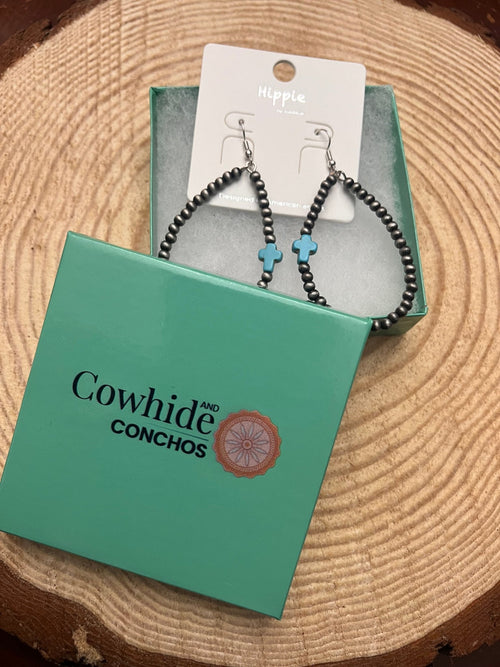 Western Cross with Faux Turquoise Metal Pearl Teardrop Earrings - 2 1/2 inch drop - Cowhide and Conchos