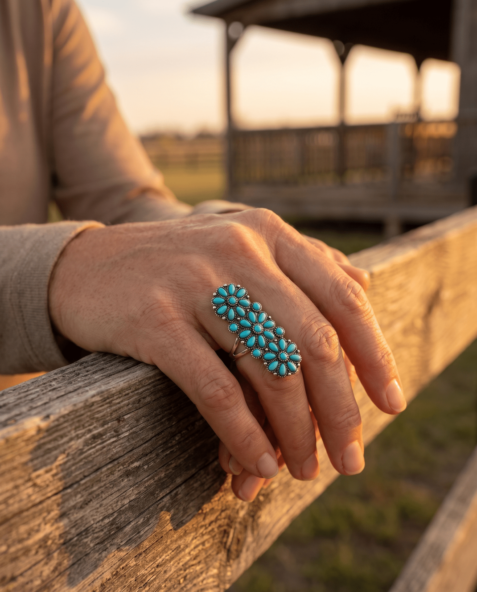 Western Desert Bloom Cluster Adjustable Ring — Faux Turquoise Hand Statement - Cowhide and Conchos