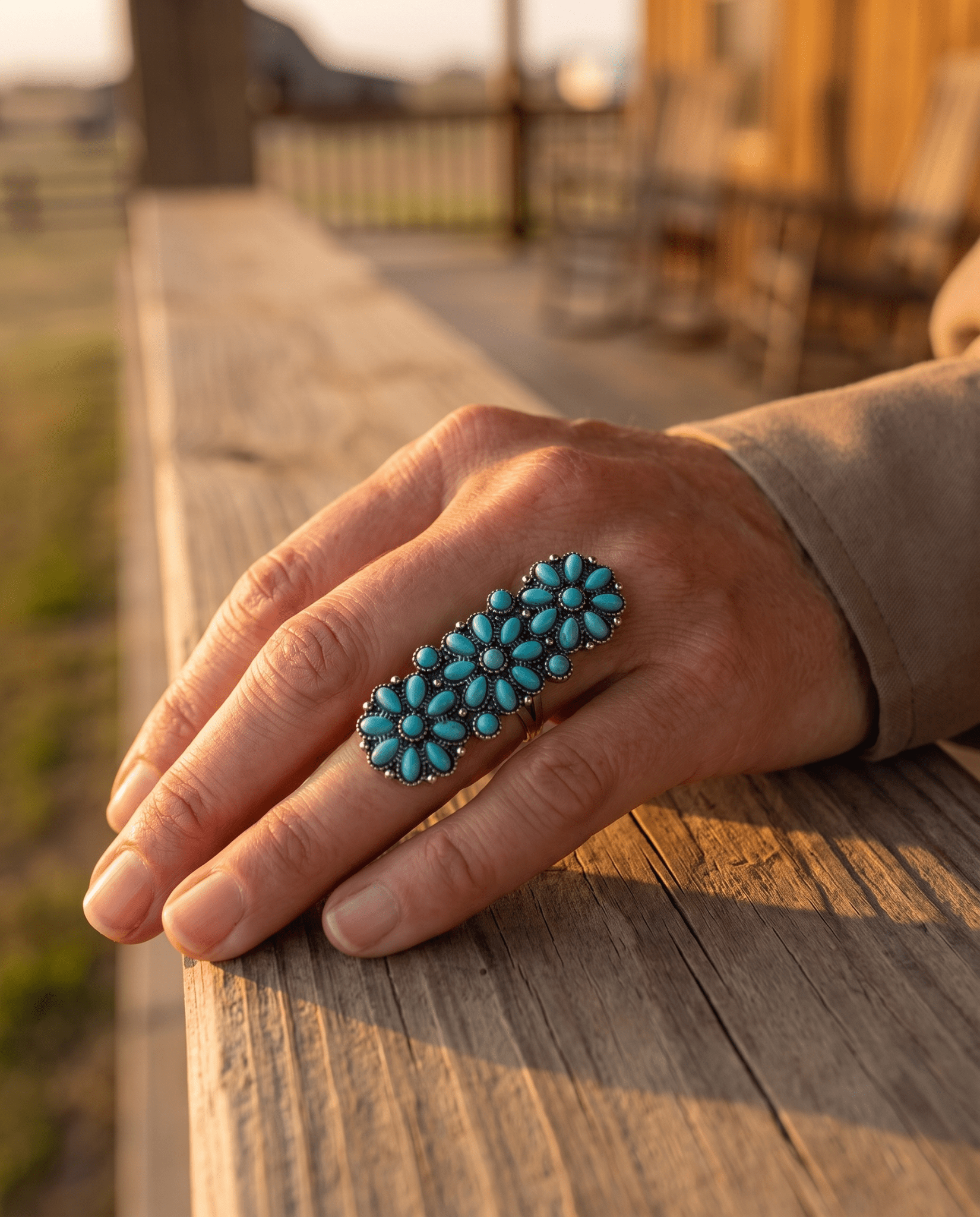 Western Desert Bloom Cluster Adjustable Ring — Faux Turquoise Hand Statement - Cowhide and Conchos