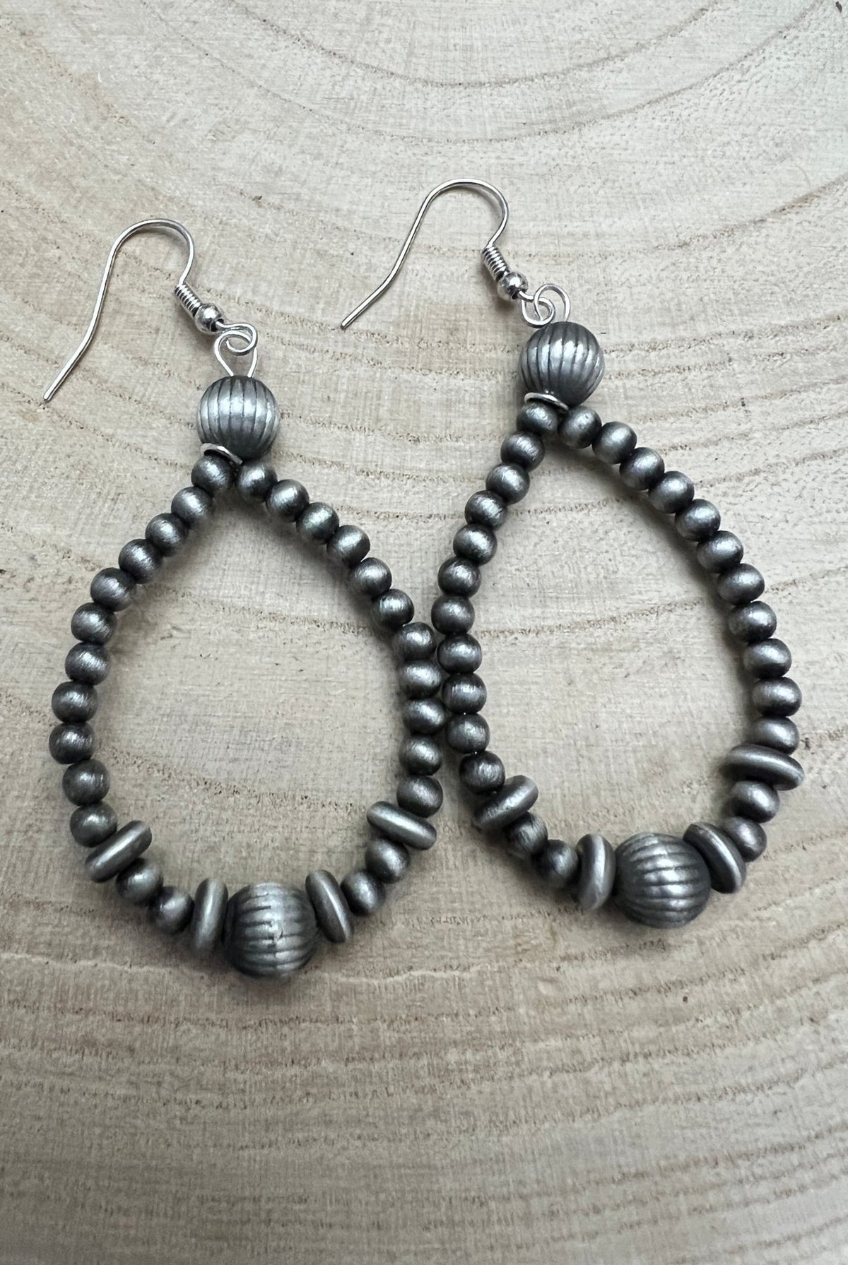 Western Desert Pearl Teardrop Earrings - 2" Faux Sterling Saucer Dangles - Cowhide and Conchos